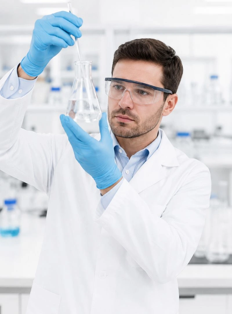 Kutató vegyész prémium étrend-kiegészítő formulát vizsgál laboratóriumban az EliteMax számára